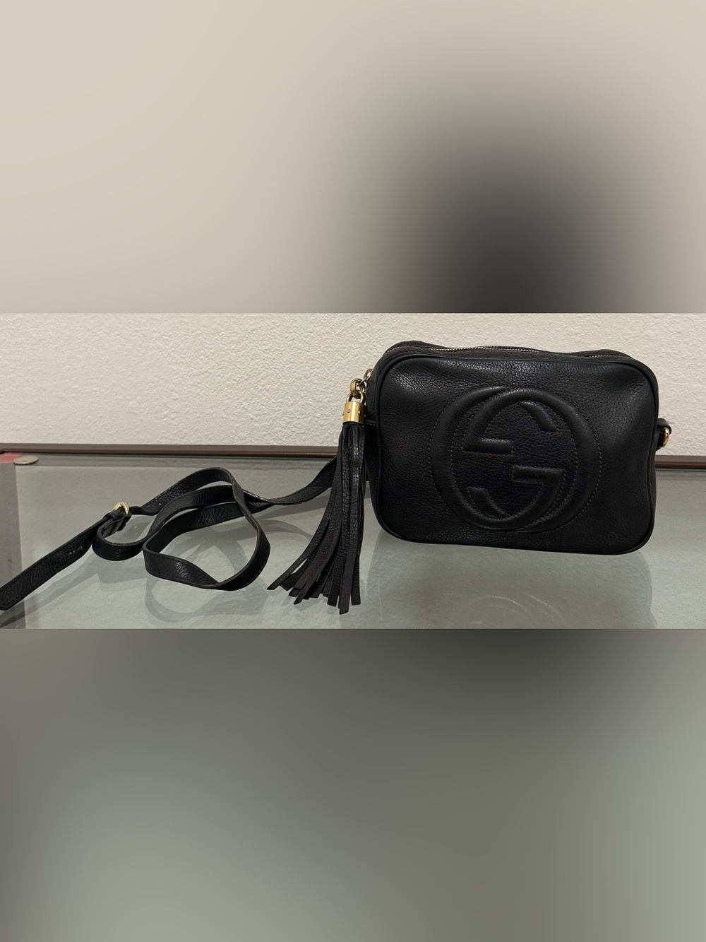 Gucci Black Soho Disco Logo Crossbody Bag w/ Tassel, Zip Closure, Small